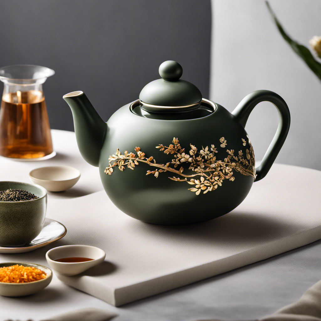 An image showcasing an elegant ceramic teapot, adorned with delicate oolong tea leaves