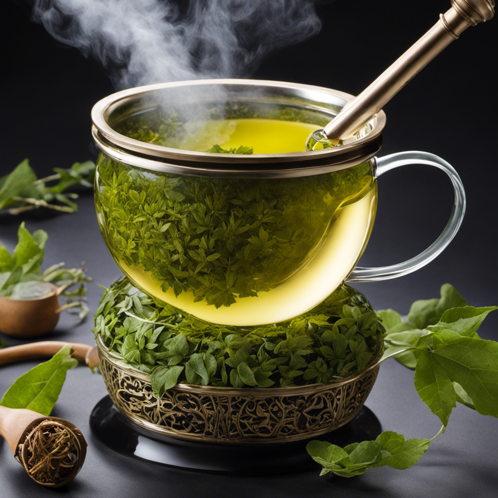 An image capturing the art of steeping Yerba Mate tea: a traditional gourd filled with vibrant green leaves, hot water poured from a thermos, wisps of steam rising, and a patient hand poised above, ready to savor the perfect infusion