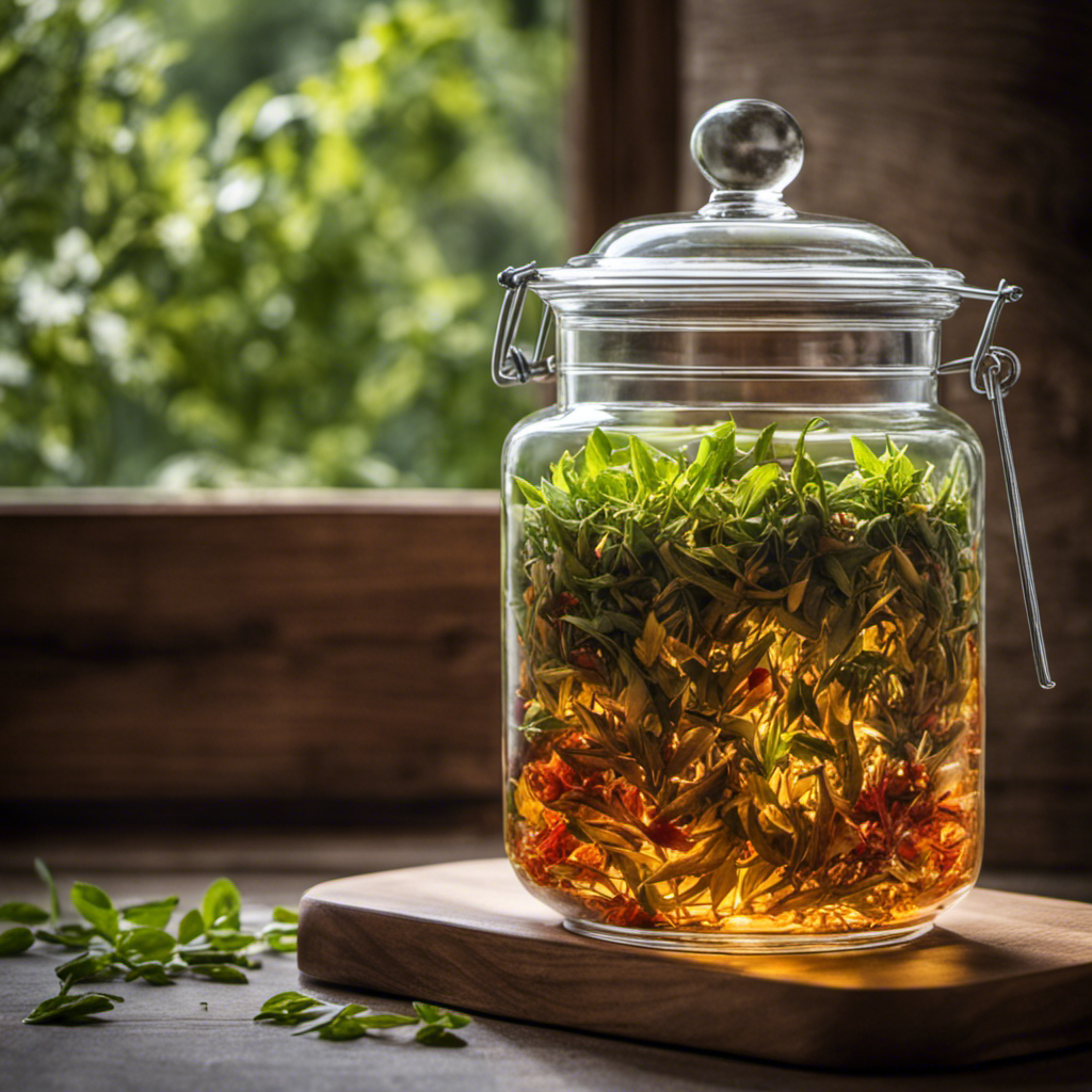 An image that showcases a glass jar filled with vibrant, aromatic loose herbal tea leaves, sealed tightly