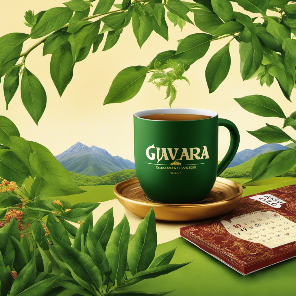 An image showcasing a freshly opened package of Guayarki Yerba Mate with vibrant green leaves cascading out, a steamy cup of mate beside it, and a calendar marking the date of opening