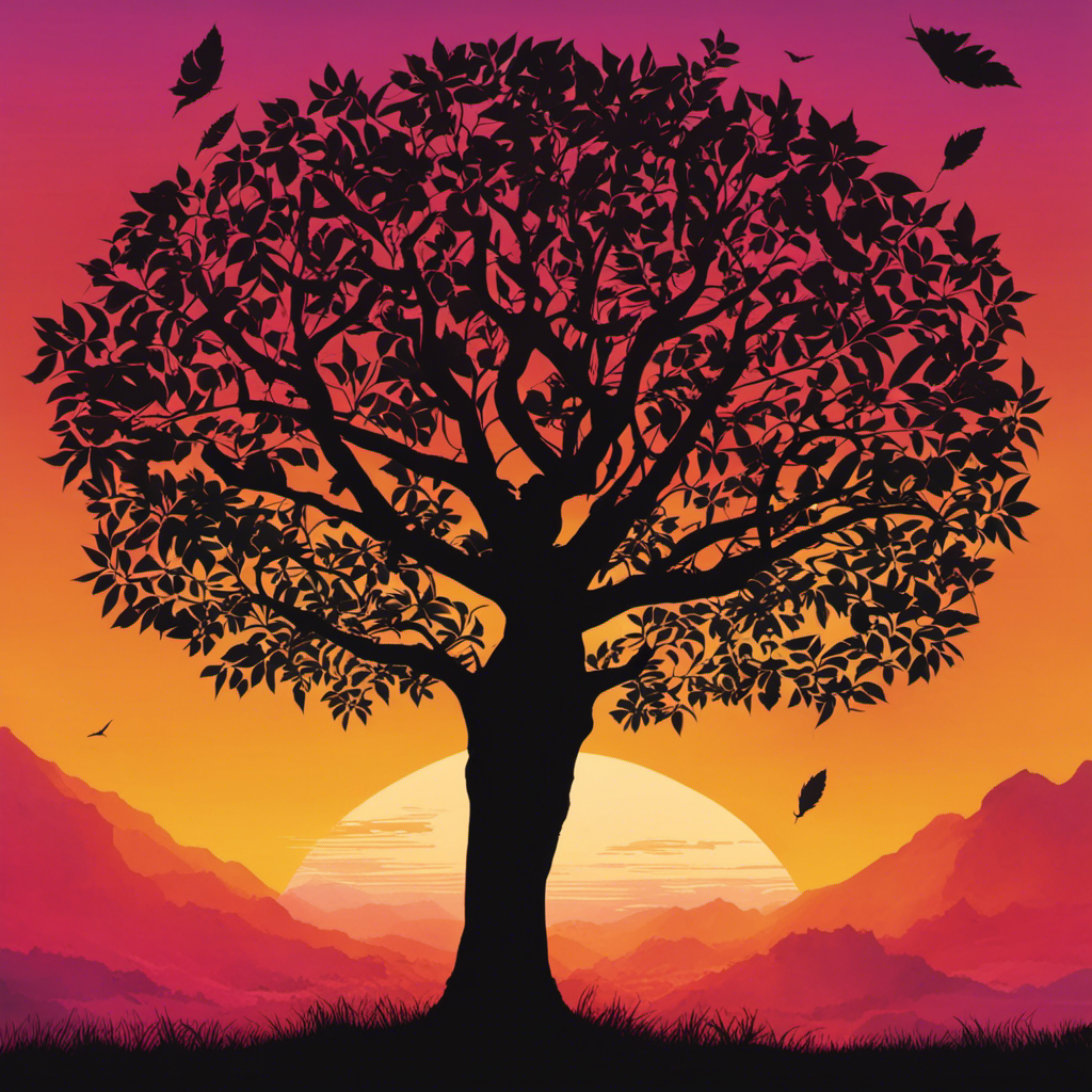 An image capturing a silhouette of a person against a vibrant sunset, with the fading glow of yerba mate leaves dispersing from their body, symbolizing the gradual departure of its invigorating effects