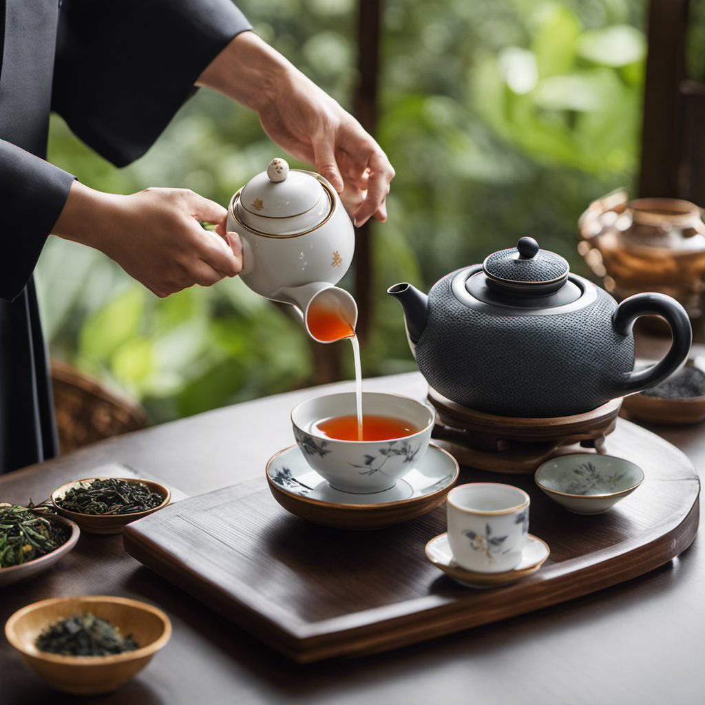 An image capturing the serene ambiance of a traditional tea ceremony: a skilled tea master meticulously pouring hot water into a delicate porcelain teapot, surrounded by beautifully arranged oolong tea leaves, as steam gently rises