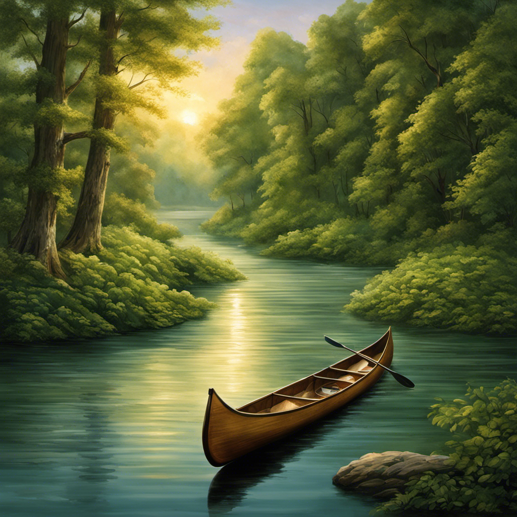 An image featuring a serene river flowing through lush greenery, with a canoe gliding smoothly on the water's surface