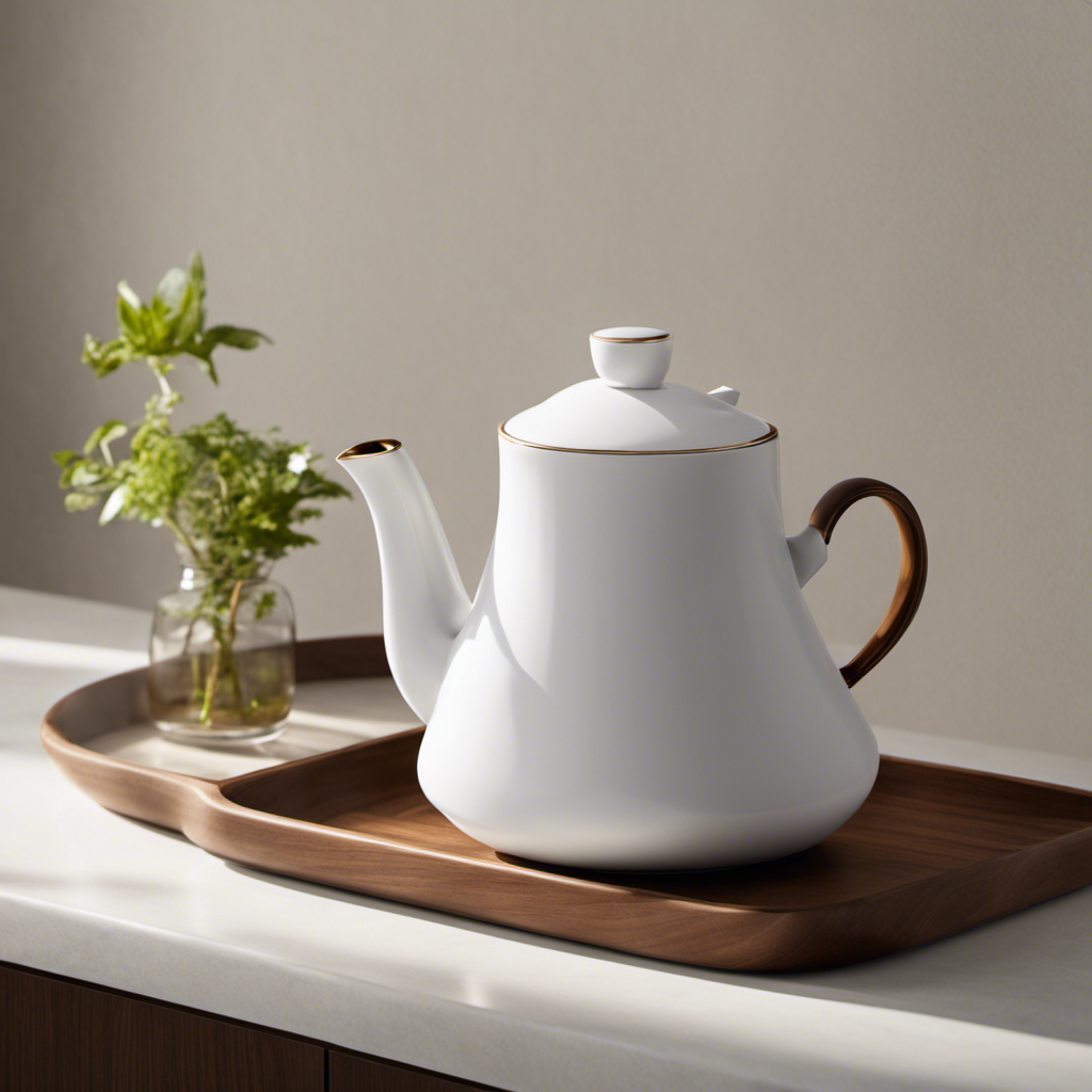 An image that depicts a serene, minimalist kitchen counter adorned with a delicate teapot and a cup of warm oolong tea