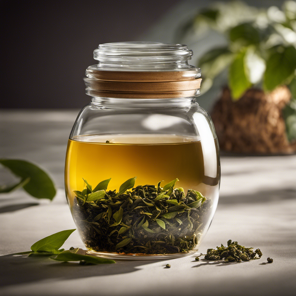 An image showcasing a glass jar filled with vibrant, perfectly rolled oolong tea leaves