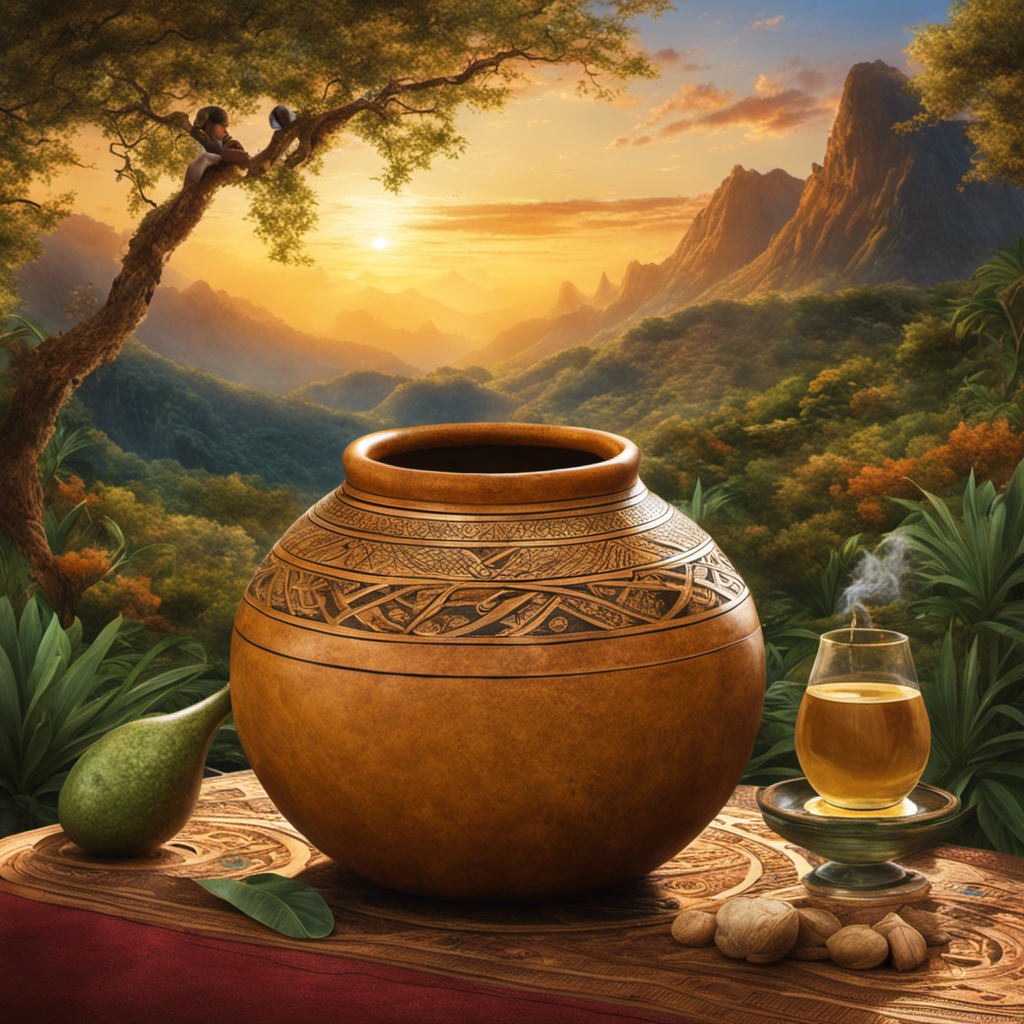An image depicting a serene setting with a person sipping yerba mate from a traditional gourd, while a subtle energy wave emanates from the mate, gradually diminishing as time passes