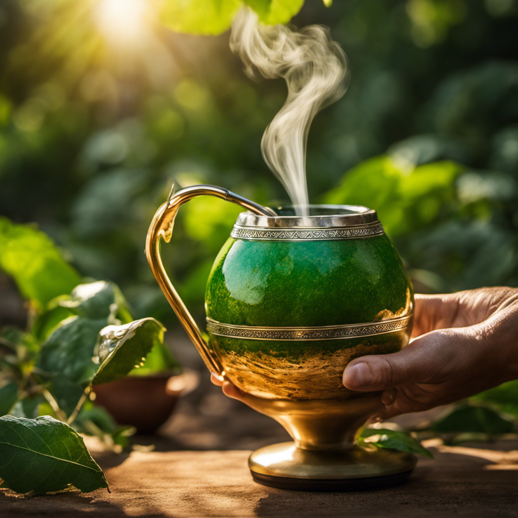 An image showcasing a hand holding a vibrant green yerba mate gourd, steam rising from the infusion