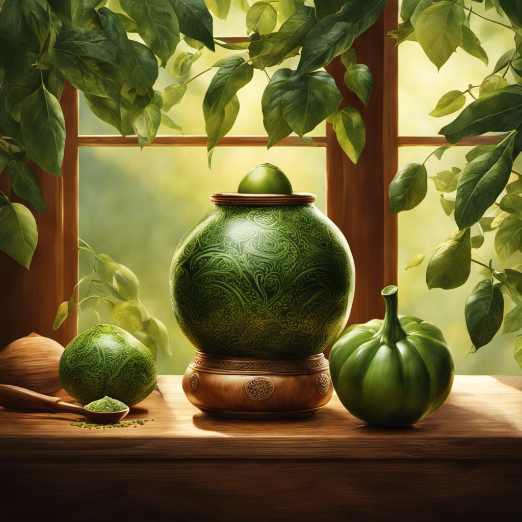 An image capturing the essence of a freshly opened package of yerba mate; depict a vibrant green gourd filled with loose leaves, steam gently rising, sunlight filtering through a window, casting a warm glow