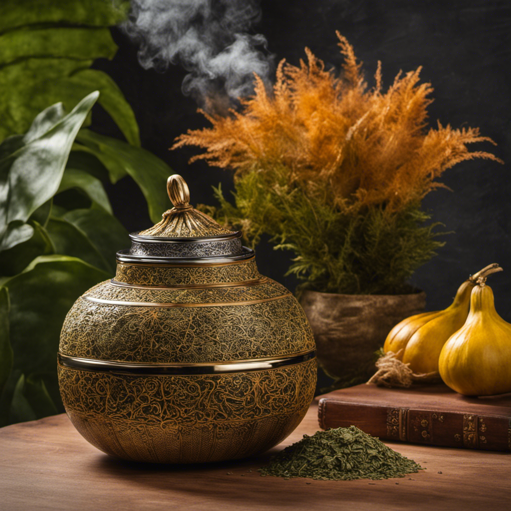 An image capturing the essence of time, featuring a vibrant, handcrafted gourd encasing fresh yerba mate leaves, slowly steeping in a delicate trail of steam, against a backdrop of lush Guayana rainforest