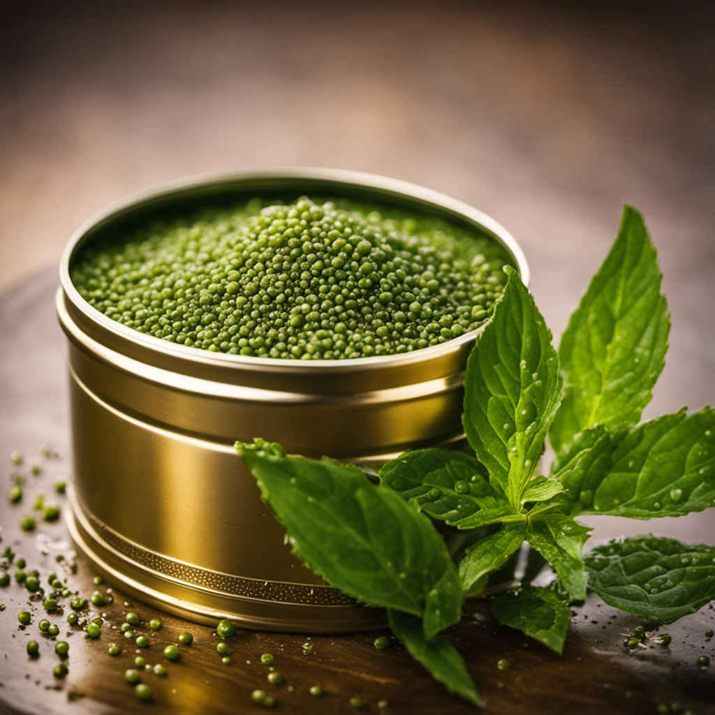 An image showcasing a vibrant, green yerba mate leaf, nestled in a well-sealed tin, with droplets of condensation forming on its surface, signifying freshness