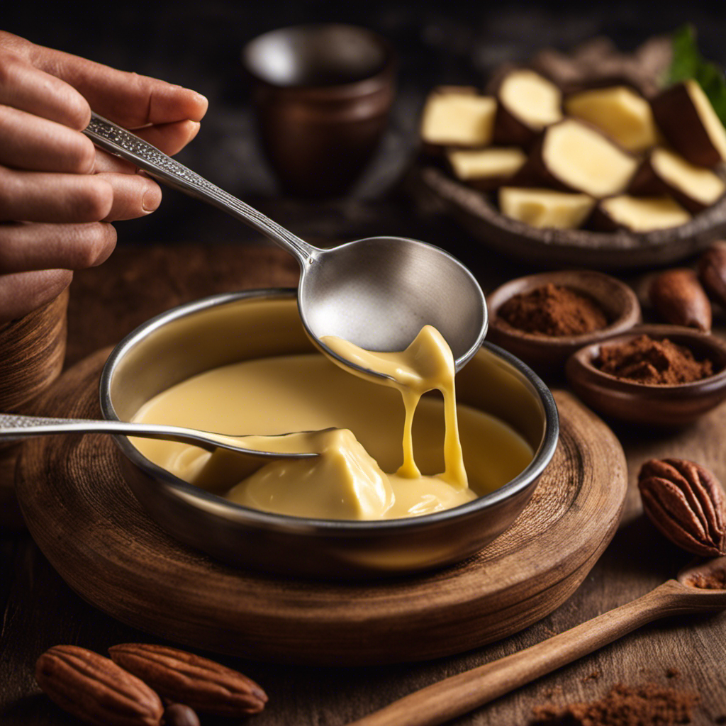 An image capturing a pristine block of raw cacao butter, delicately melting over a simmering pot, emanating a luscious aroma, as a chef's hand reaches for a spoon to stir the enticing concoction