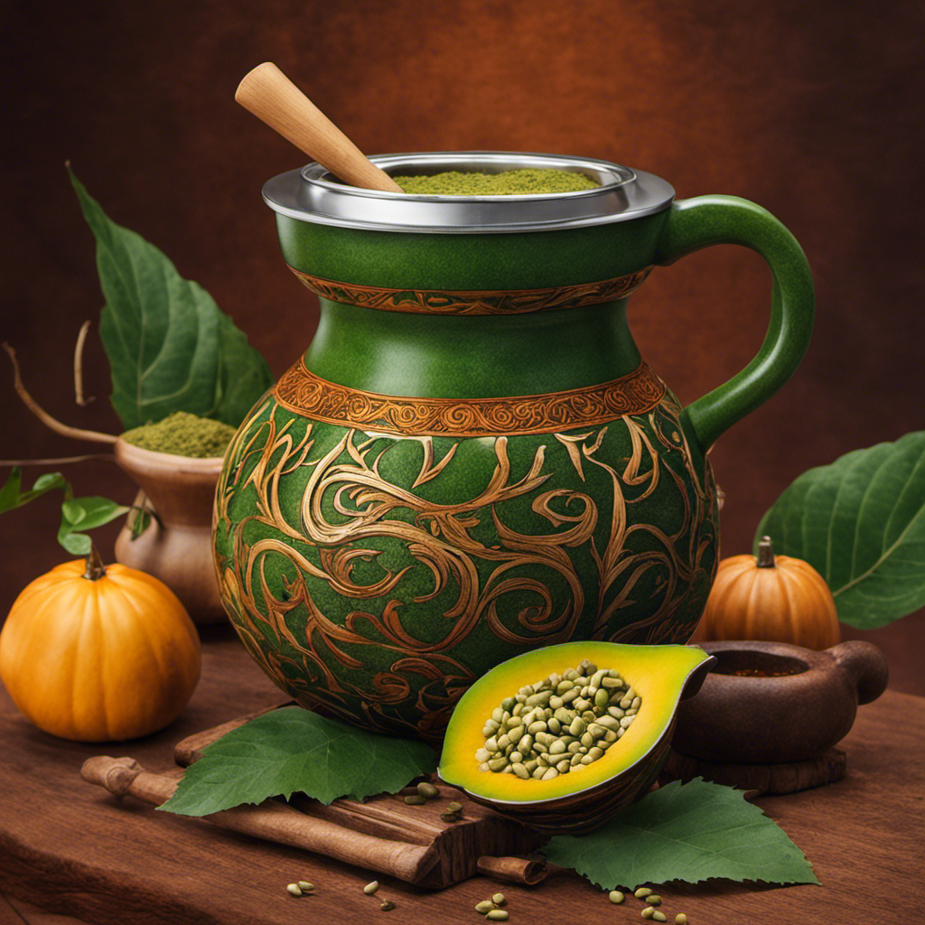 An image featuring a richly colored, steaming cup of yerba mate, surrounded by a traditional gourd and bombilla, with vibrant green yerba mate leaves steeping within