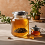 An image showcasing a glass jar filled with amber-hued tea, radiating warmth
