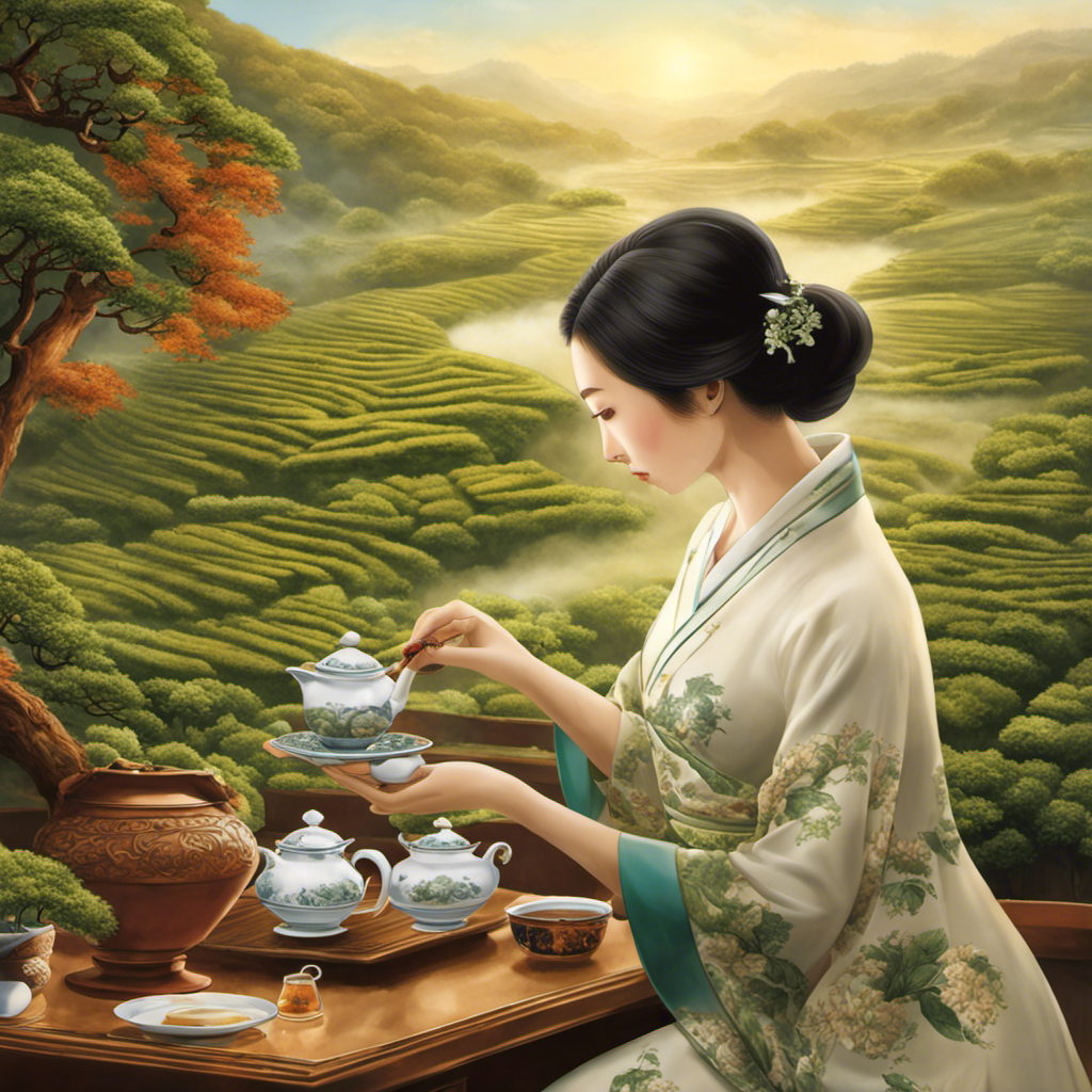 An image showcasing a serene and peaceful scene of a person brewing a steaming cup of Oolong tea