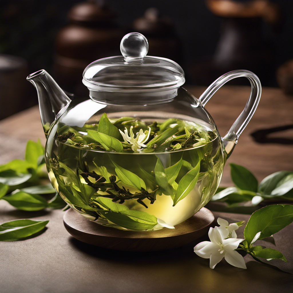 An image showcasing a transparent glass teapot filled with fragrant jasmine oolong tea leaves, gently releasing their essence as hot water cascades over them, capturing the mesmerizing process of steeping