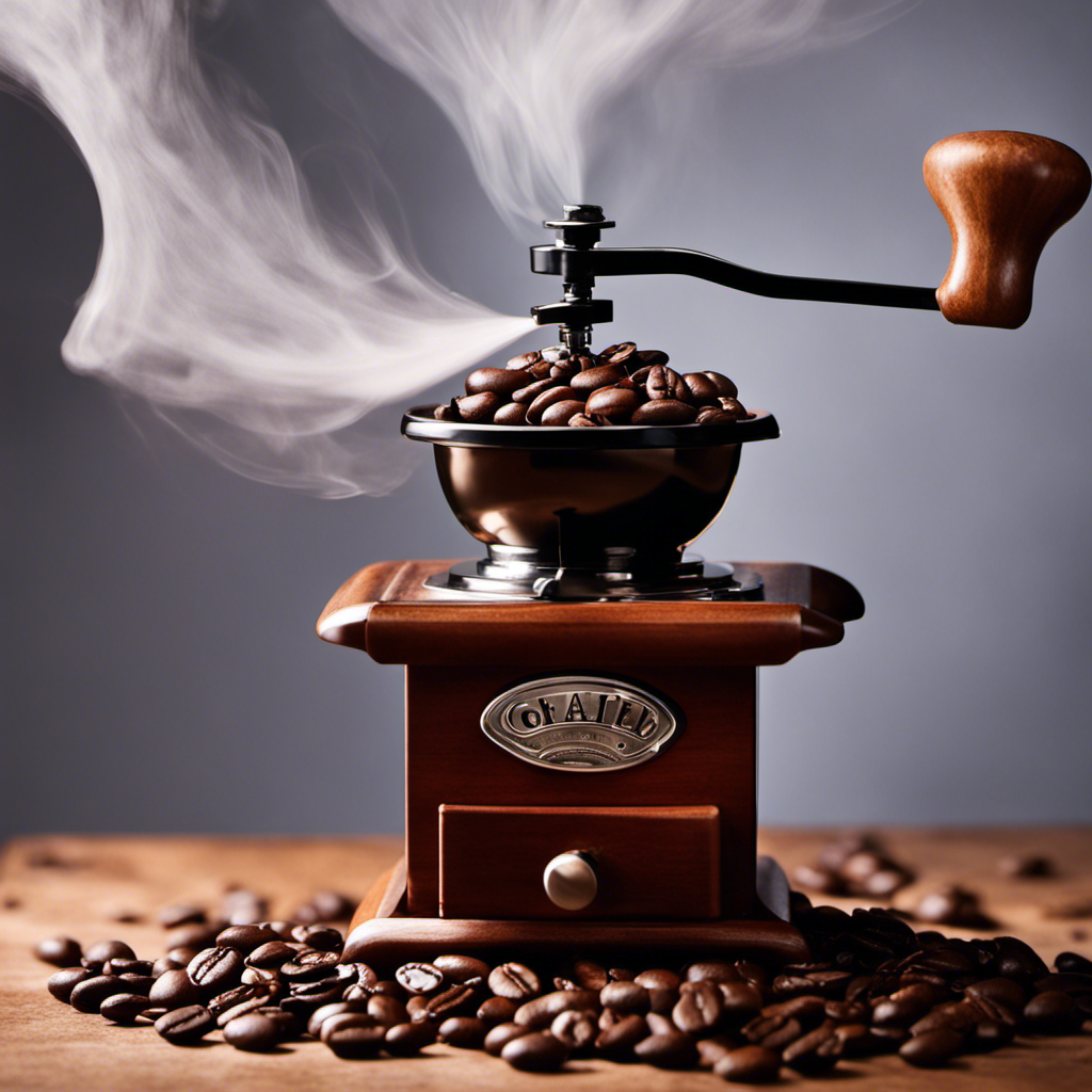 An image showcasing a freshly roasted coffee bean being gently held above a grinder, with aromatic steam rising from its surface