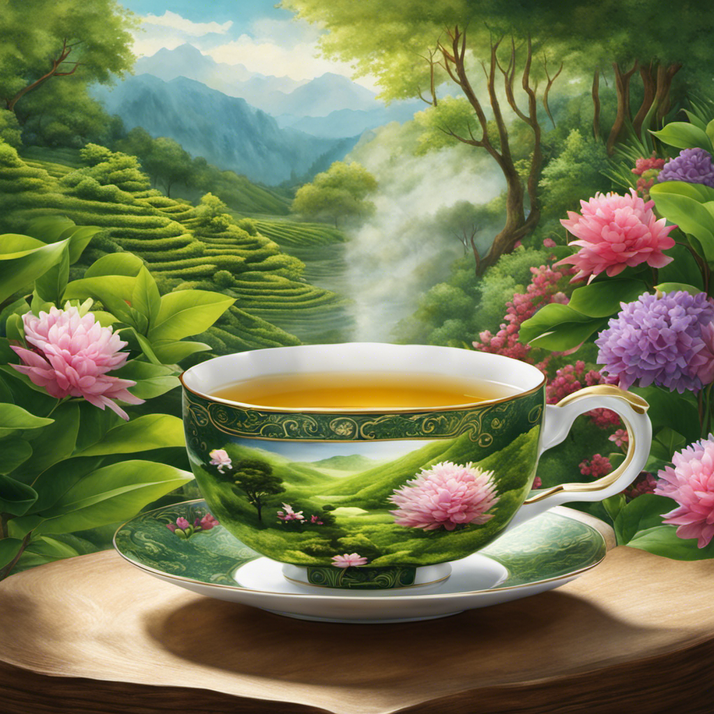 An image showcasing a serene teacup filled with steaming Oolong tea, surrounded by a blossoming garden with vibrant green tea leaves, symbolizing the journey towards visible results