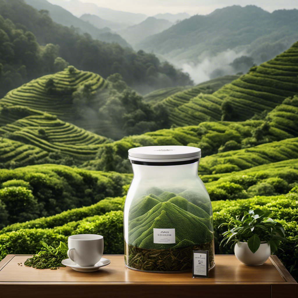 An image featuring an airtight vacuum-sealed bag of freshly harvested Oolong tea leaves, elegantly displayed against a backdrop of lush tea plantations and mist-covered mountains, evoking the sense of preservation and freshness