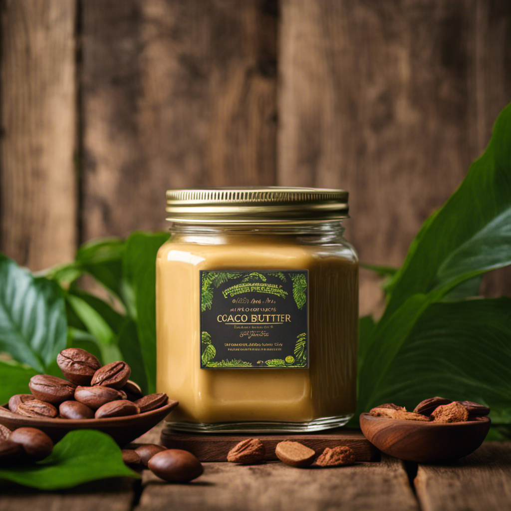 An image of a sealed glass jar filled with creamy, golden raw organic cacao butter, sitting on a rustic wooden shelf against a backdrop of lush green plants, showcasing freshness and longevity