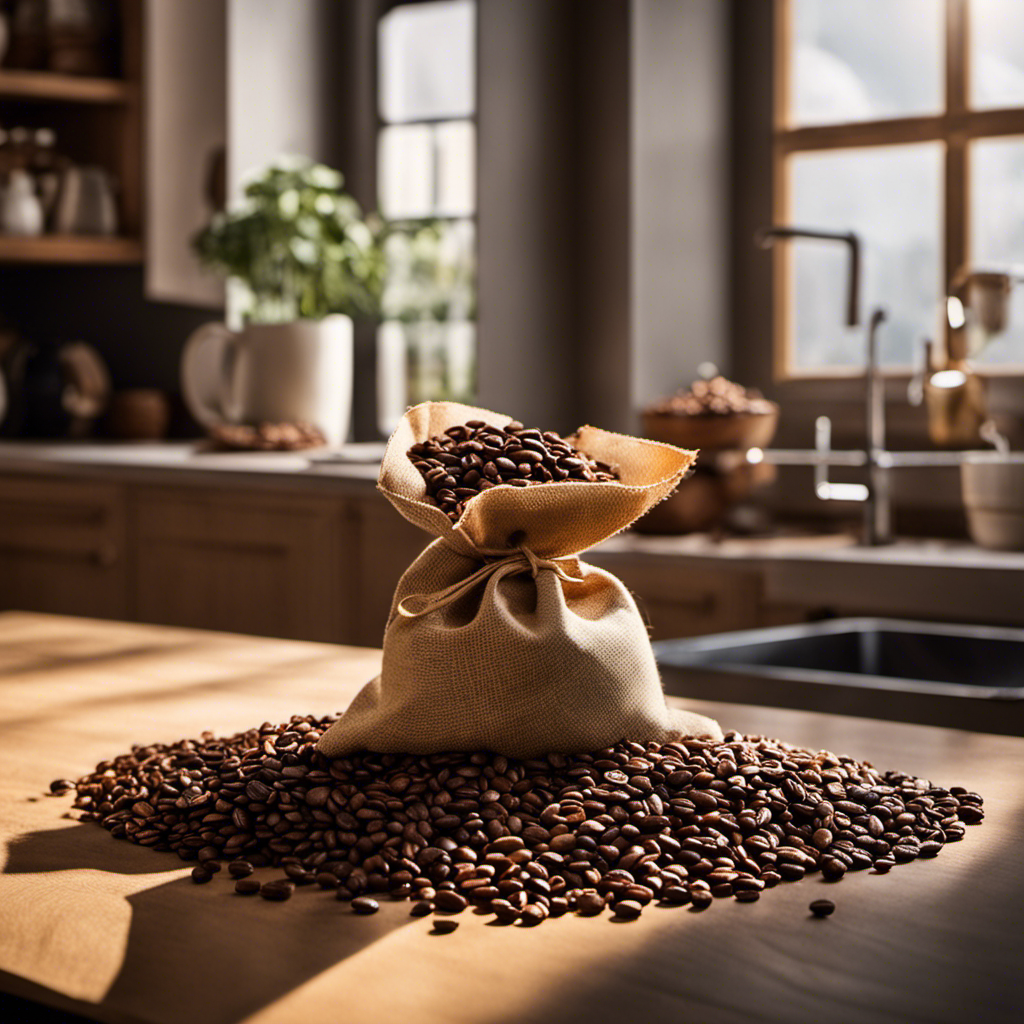 An image that showcases a bag of unroasted coffee beans sitting on a kitchen counter, with sunlight streaming in through a nearby window, highlighting the rich, earthy tones of the beans