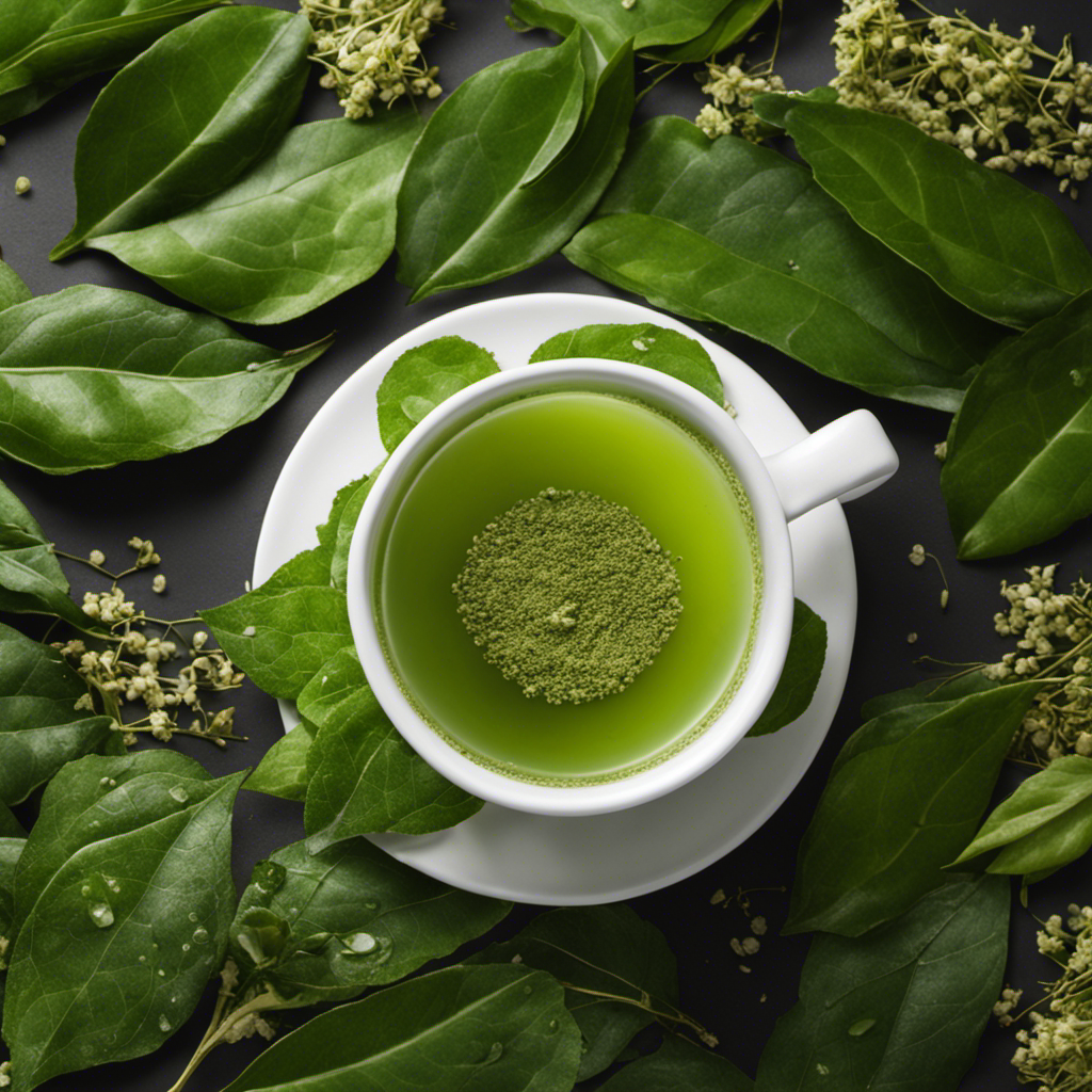 An image showcasing a close-up of a vibrant green yerba mate tea cup, brimming with frothy bubbles, surrounded by a pile of fresh yerba mate leaves, evoking curiosity about the caffeine content