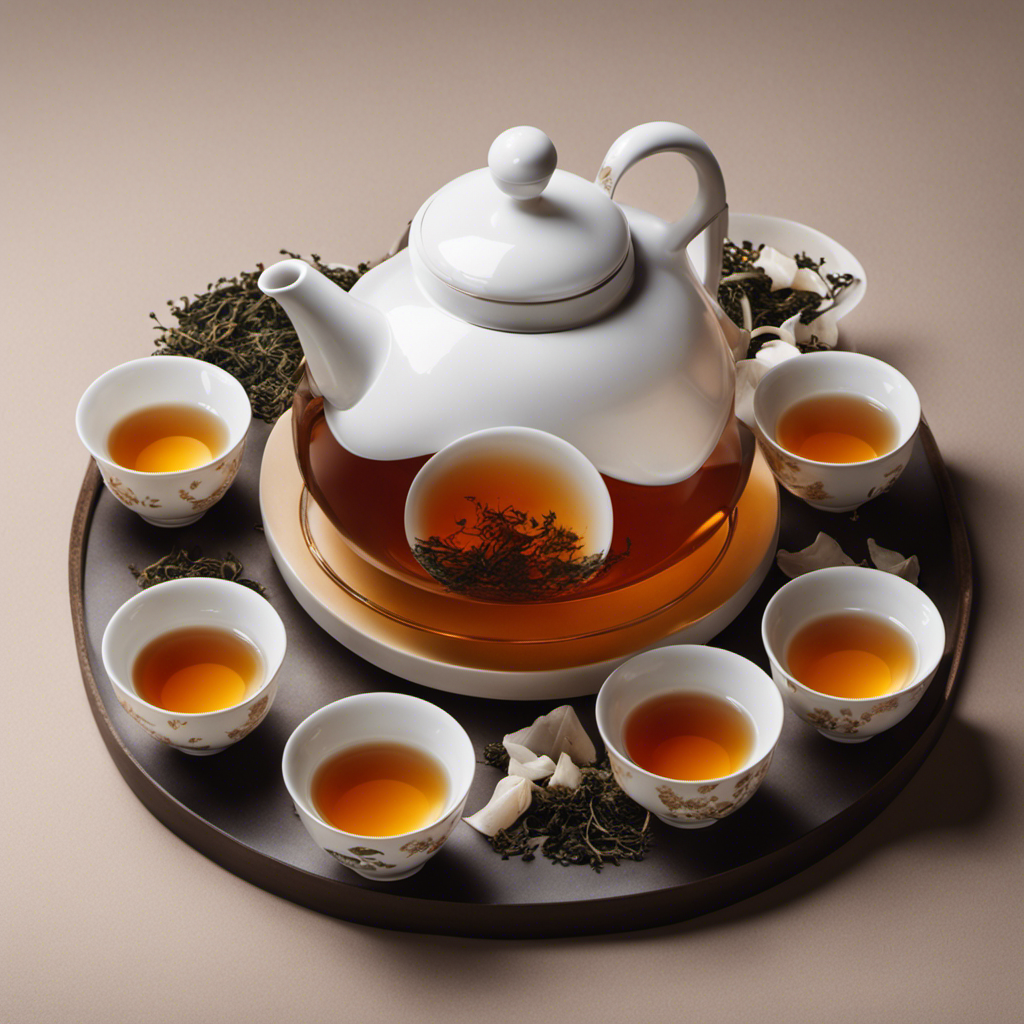 An image depicting a cozy teapot surrounded by a symmetrical arrangement of seven delicate white porcelain tea cups, filled with steaming, amber-hued Oolong tea; each cup accompanied by a small, neatly stacked pile of Oolong tea bags