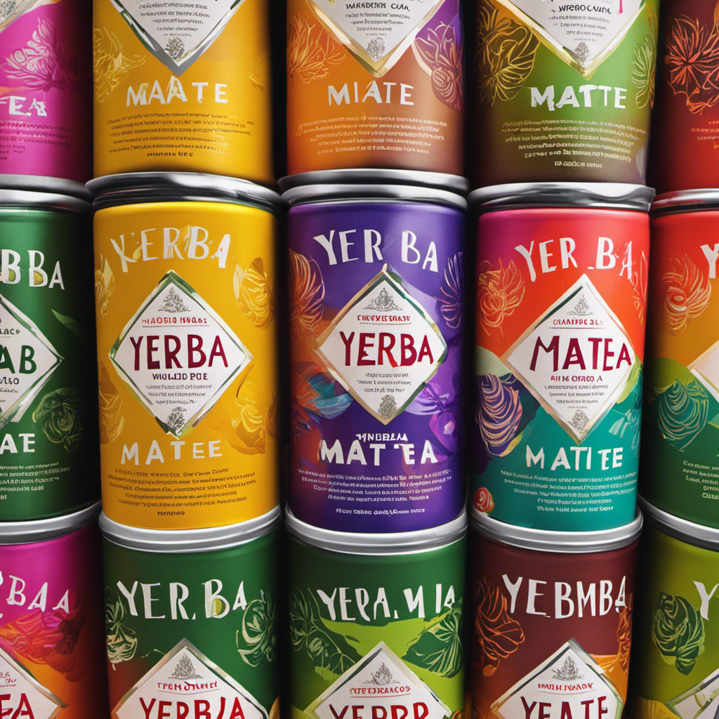 An image showcasing a stack of vibrant yerba mate tea bags, neatly arranged next to a row of colorful canned yerba mate drinks