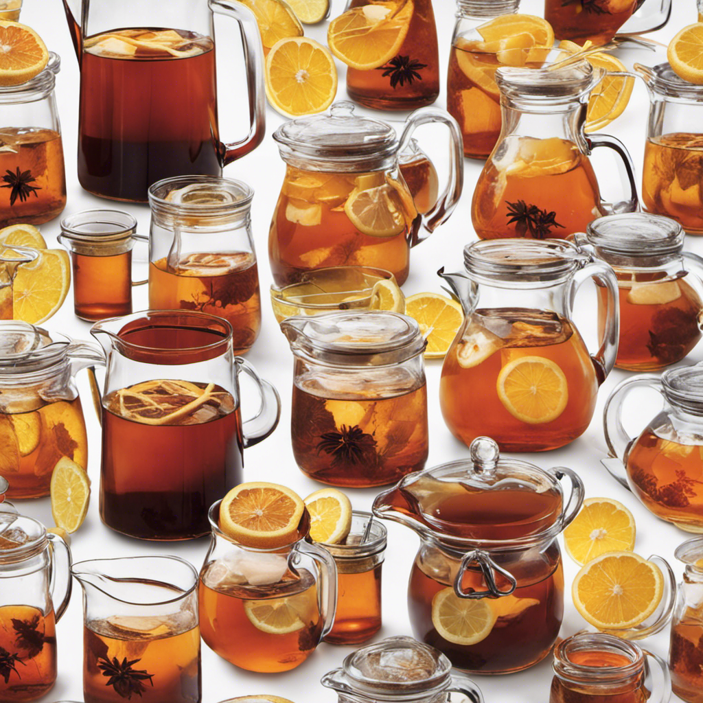 An image showcasing a glass pitcher filled with a rich amber-colored kombucha, brewed from a gallon of tea