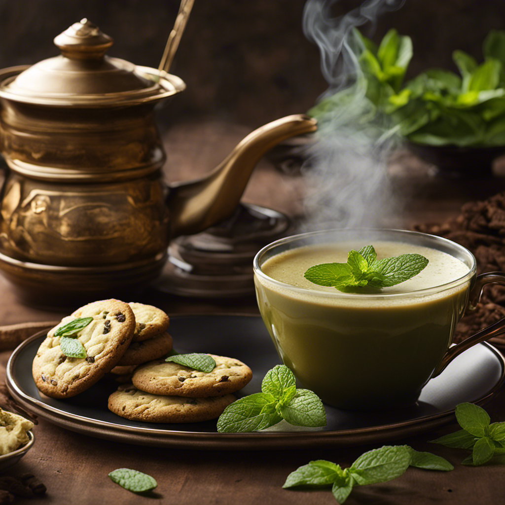 An image capturing a steaming cup of yerba mate, adorned with fresh mint leaves, alongside a plate of delectable cookies, showcasing the calorie content of this popular drink