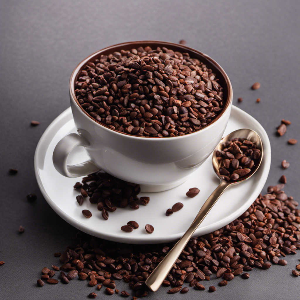 An image showcasing a vibrant cup overflowing with raw cacao nibs, radiating rich chocolate hues