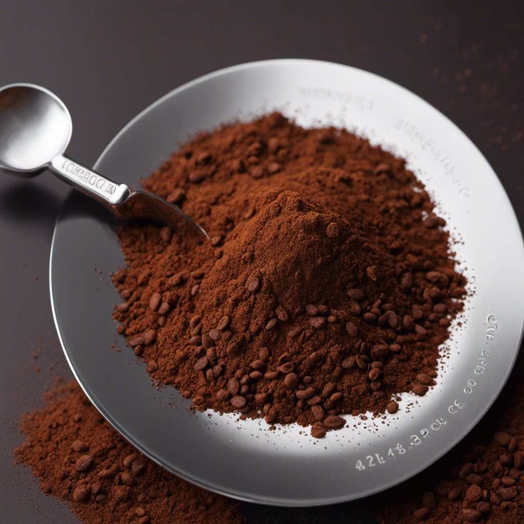 An image showcasing a tablespoon filled with fine, dark raw cacao powder, delicately sprinkled onto a digital kitchen scale