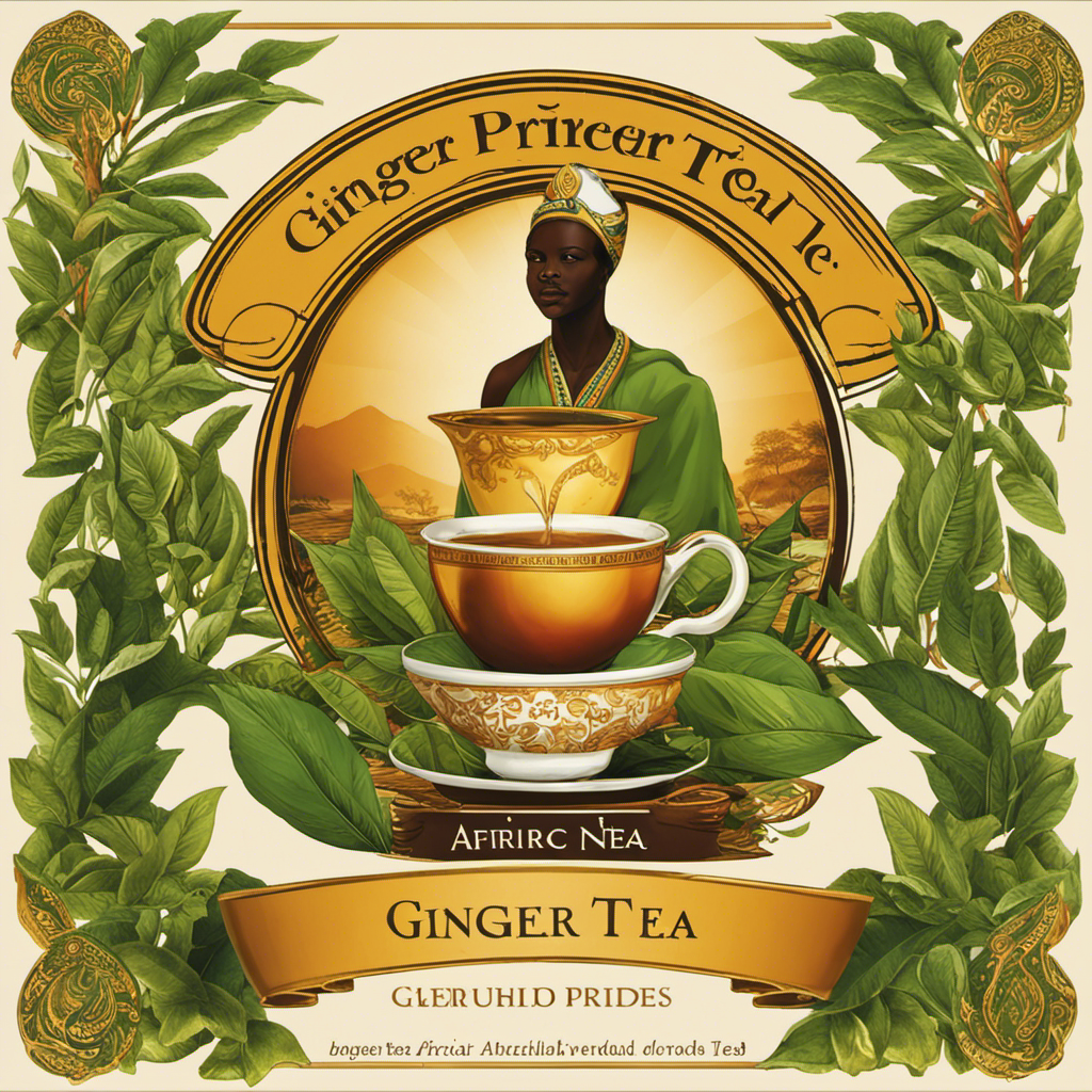 An image showcasing a steaming cup of Africa Pride Herbal Ginger Tea, perfectly brewed with aromatic ginger root, surrounded by vibrant green tea leaves and delicate hints of natural spices