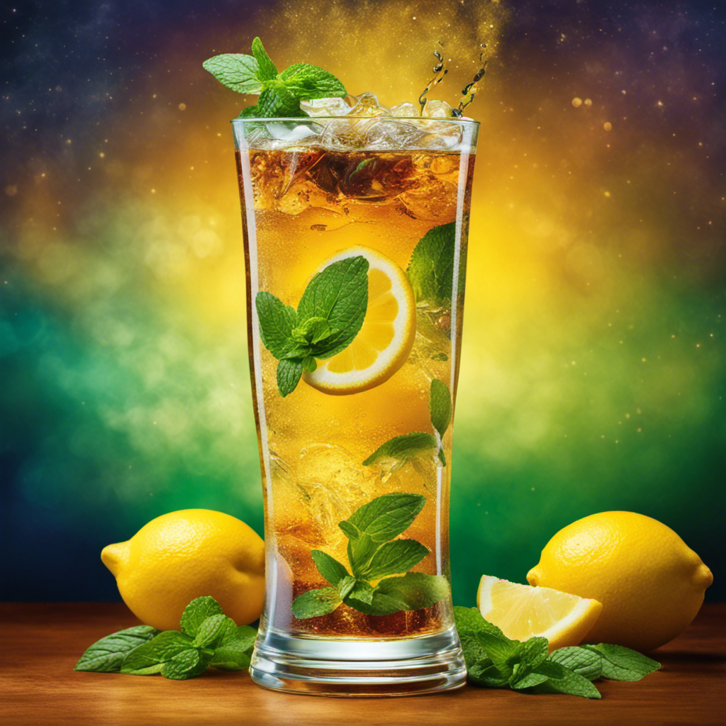 An image showcasing a tall glass filled with steaming Herbalife tea, adorned with a lemon wedge and sprigs of fresh mint