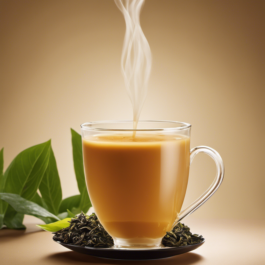 An image showcasing a steaming cup of Oolong Milk Tea from Ding Tea, capturing its creamy, amber-hued liquid swirling with delicate tea leaves, enticing viewers with its rich flavor and inviting warmth