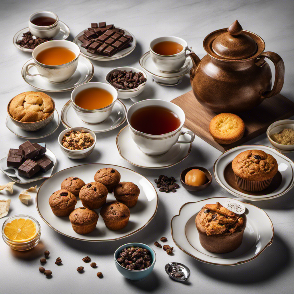 An image showcasing a steaming cup of oolong tea, surrounded by a variety of calorie-rich foods like muffins, chocolate, and cookies, highlighting the stark contrast between their calorie content and the tea's calorie-free nature