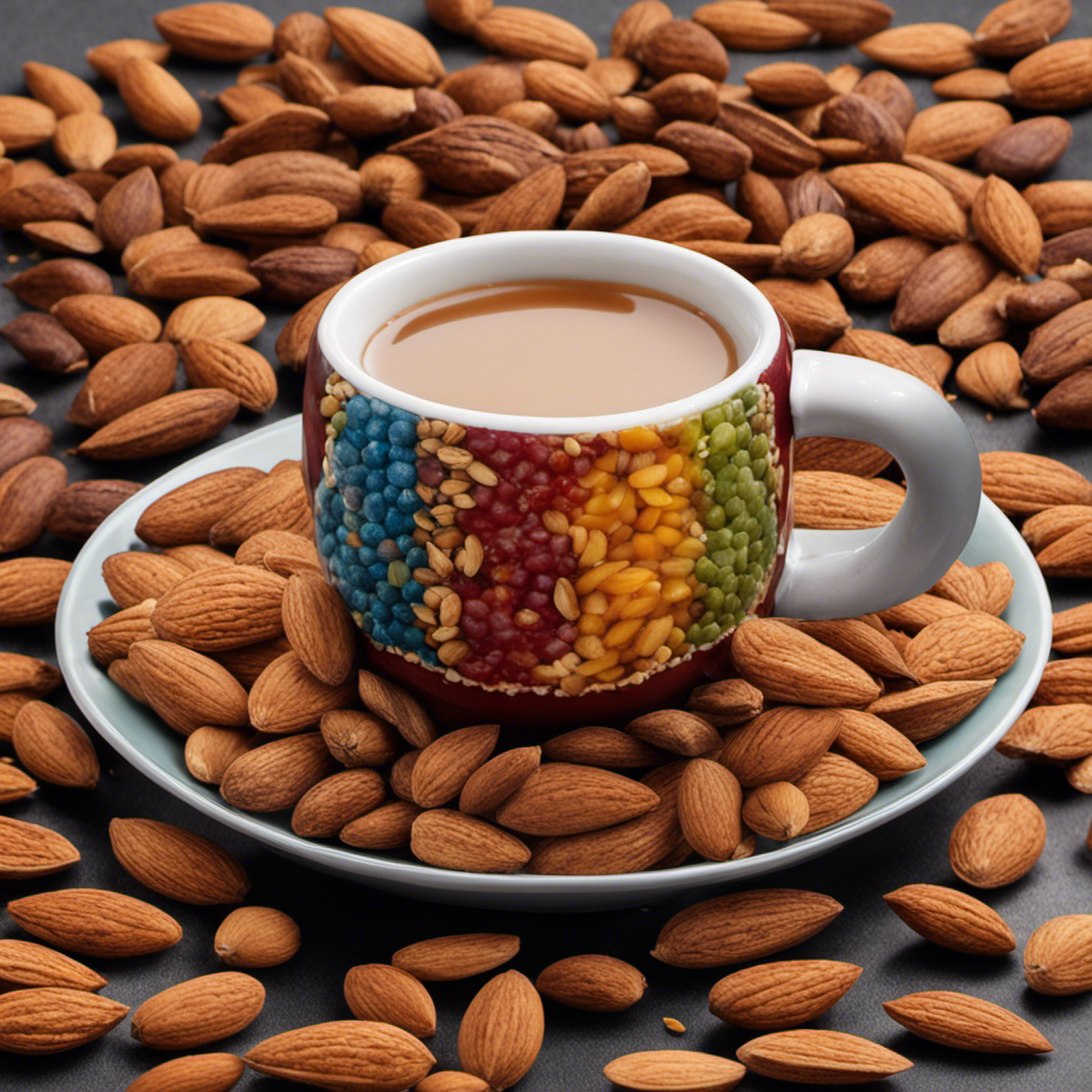 An image of a cozy mug filled with steaming Postum, surrounded by a colorful array of wholesome ingredients like almonds, oats, chicory, and molasses, evoking curiosity about its calorie content