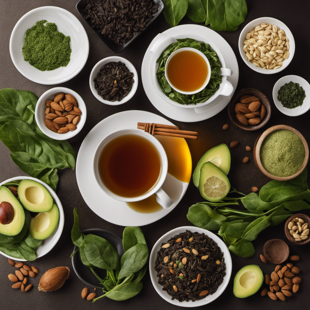 An image of a steaming cup of oolong tea surrounded by an assortment of low-carb foods like spinach, almonds, and avocados, showcasing the minimal carbohydrate content of oolong tea