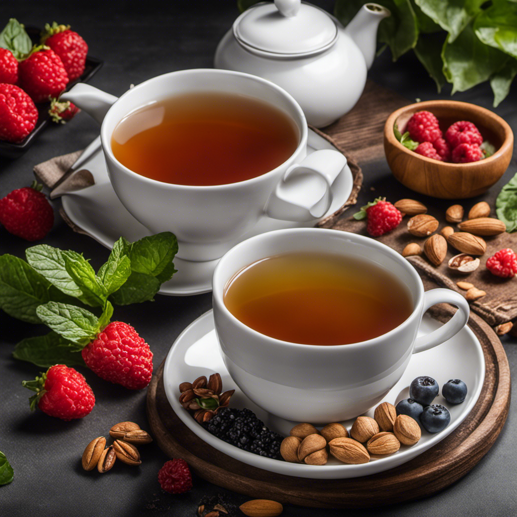 An image showcasing a serene setting with a steaming cup of Oolong tea surrounded by an assortment of low-carb foods, like fresh berries, nuts, and leafy greens, emphasizing its carb-friendly nature
