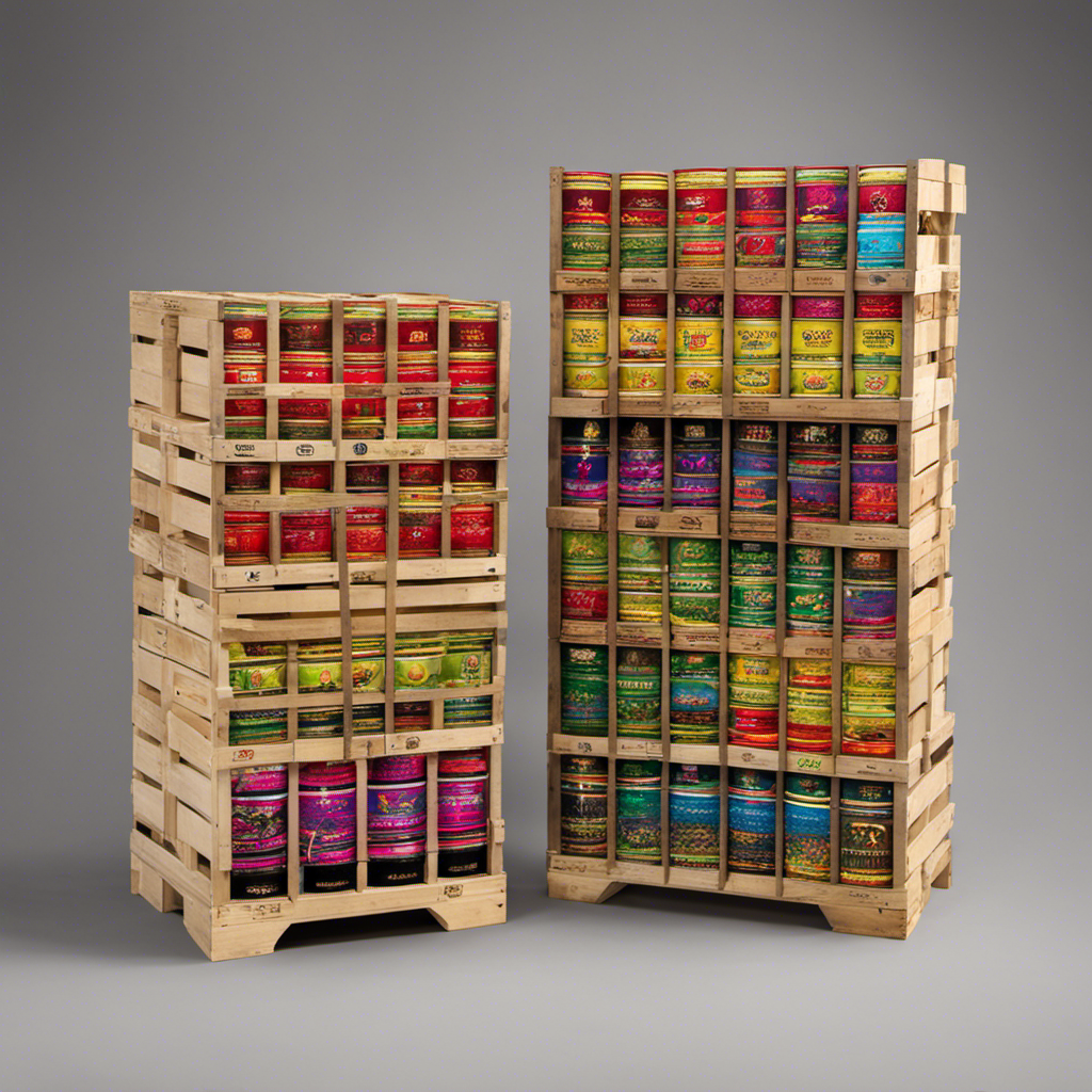 An image showcasing a neatly stacked wooden pallet, towering with countless vibrant cases of Yerba Mate