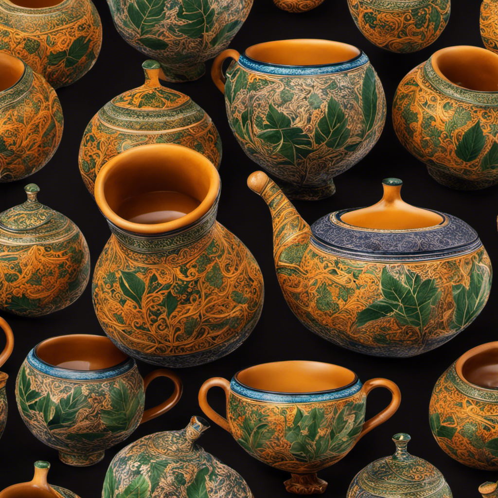 An image showcasing a traditional gourd filled with vibrant, steaming yerba mate leaves, surrounded by a collection of delicate, artisanal cups
