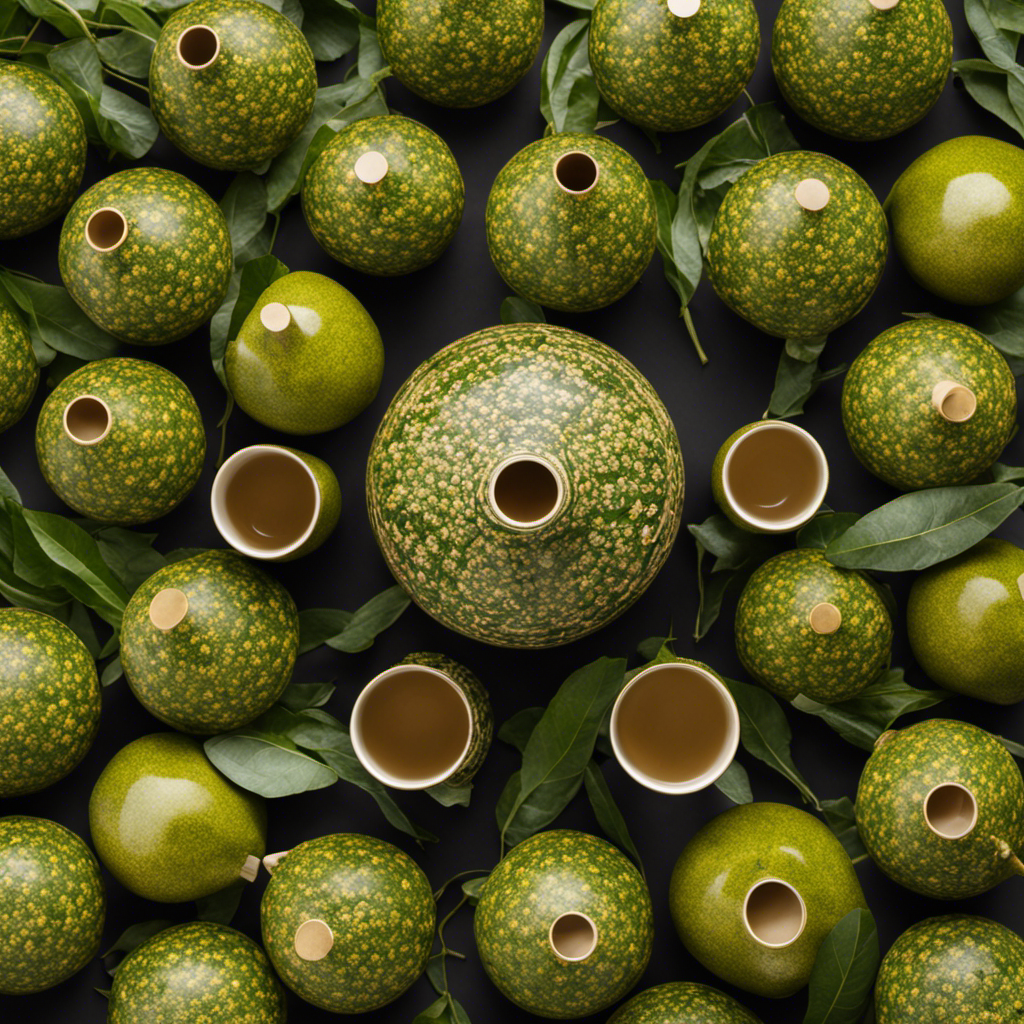 An image of a traditional yerba mate gourd filled with loose yerba mate leaves, surrounded by several empty cups arranged in a symmetrical pattern, showcasing the range of cup sizes used to enjoy this energizing South American herbal drink