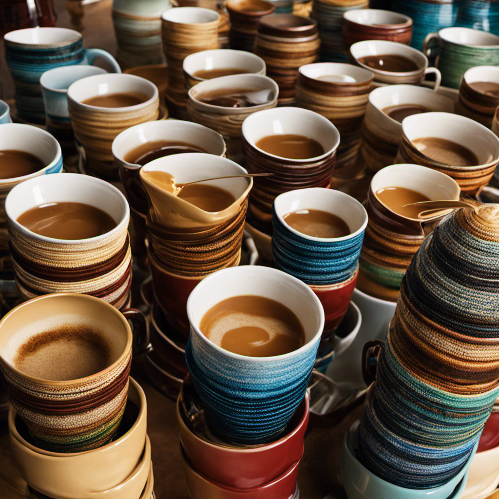 An image showcasing a stack of coffee cups, each filled to the brim, gradually transforming into a single yerba mate can