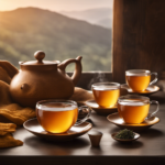 An image showcasing a serene morning scene, with a beautiful teapot and cups filled to perfection with a warm amber-colored Oolong tea