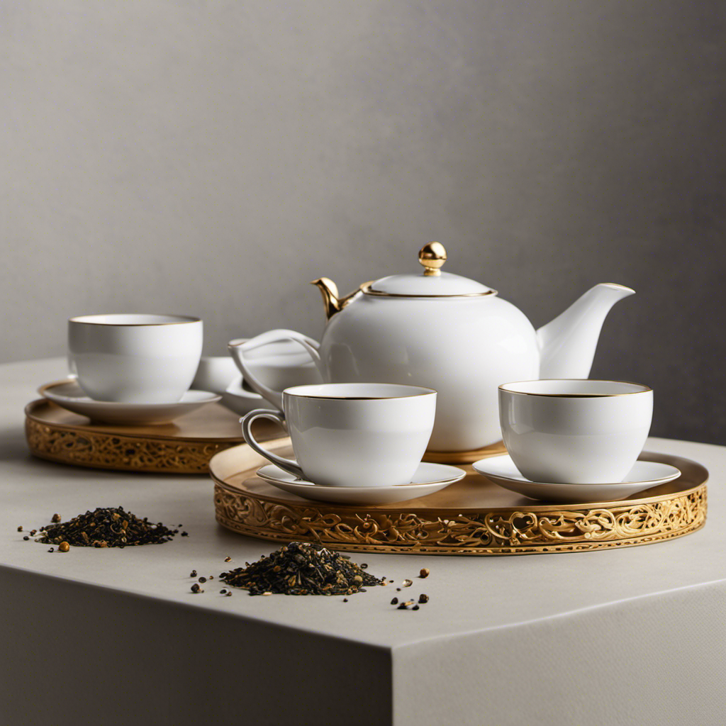 An image of a serene, minimalist kitchen countertop adorned with three elegant teacups filled with warm, golden-hued oolong tea