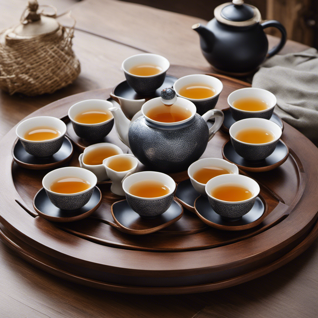 An image showcasing a serene setting, with a wooden tea tray adorned with delicate porcelain cups filled with steaming Oolong tea