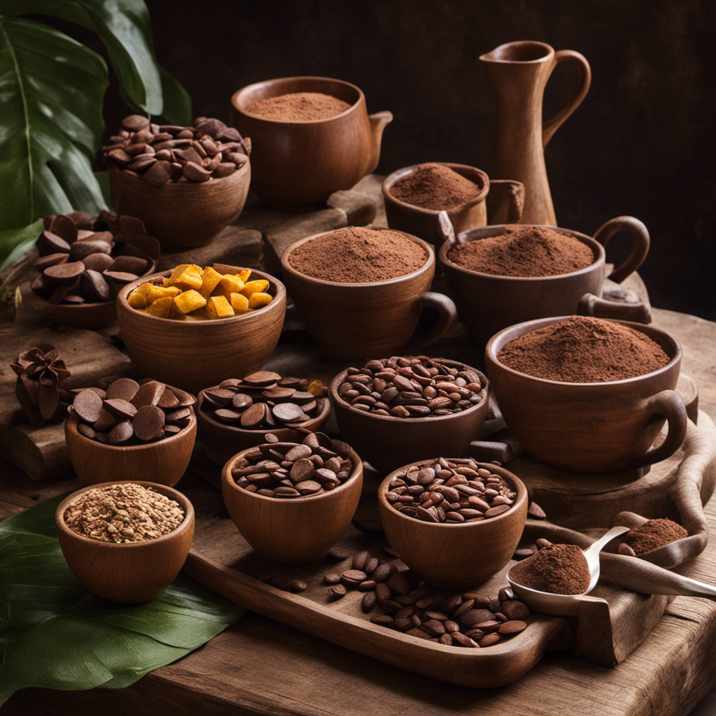 An image depicting a serene morning scene with a rustic wooden table adorned with precisely measured cups of raw cacao, showcasing a balanced array of portion sizes, inviting readers to explore the ideal daily consumption