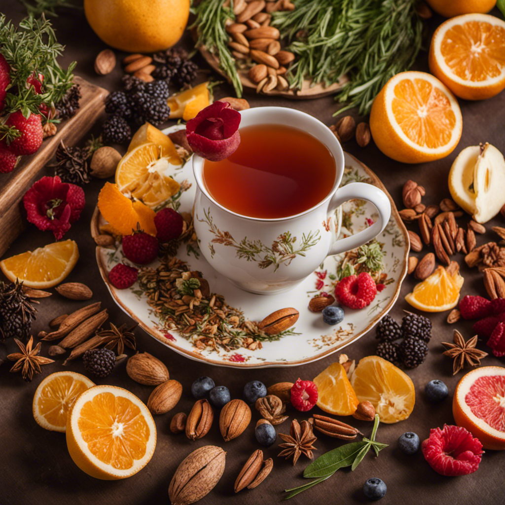 An image featuring a pregnant woman peacefully sipping from a delicate rooibos tea cup, surrounded by an assortment of vibrant, healthy pregnancy-friendly ingredients like fruits, nuts, and herbs