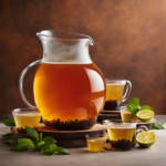 An image showcasing a glass pitcher filled with a vibrant amber-hued kombucha, surrounded by neatly lined up teacups, each brimming with a distinctive flavor—green, black, oolong—highlighting the diverse tea varieties required to brew a gallon of this probiotic elixir