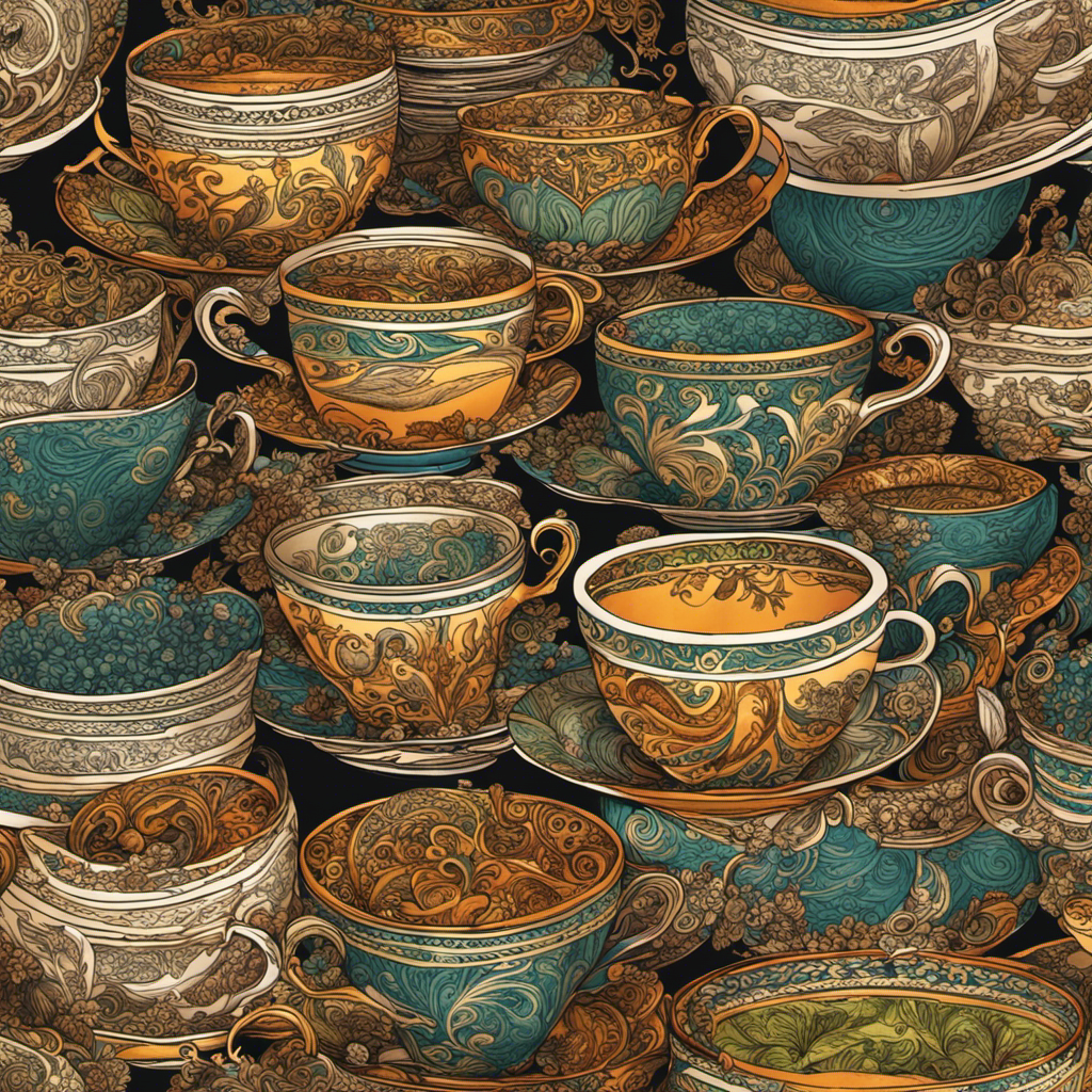 An image that showcases a vibrant, hand-drawn illustration of a steaming yerba mate teacup, overflowing with intricate, swirling patterns