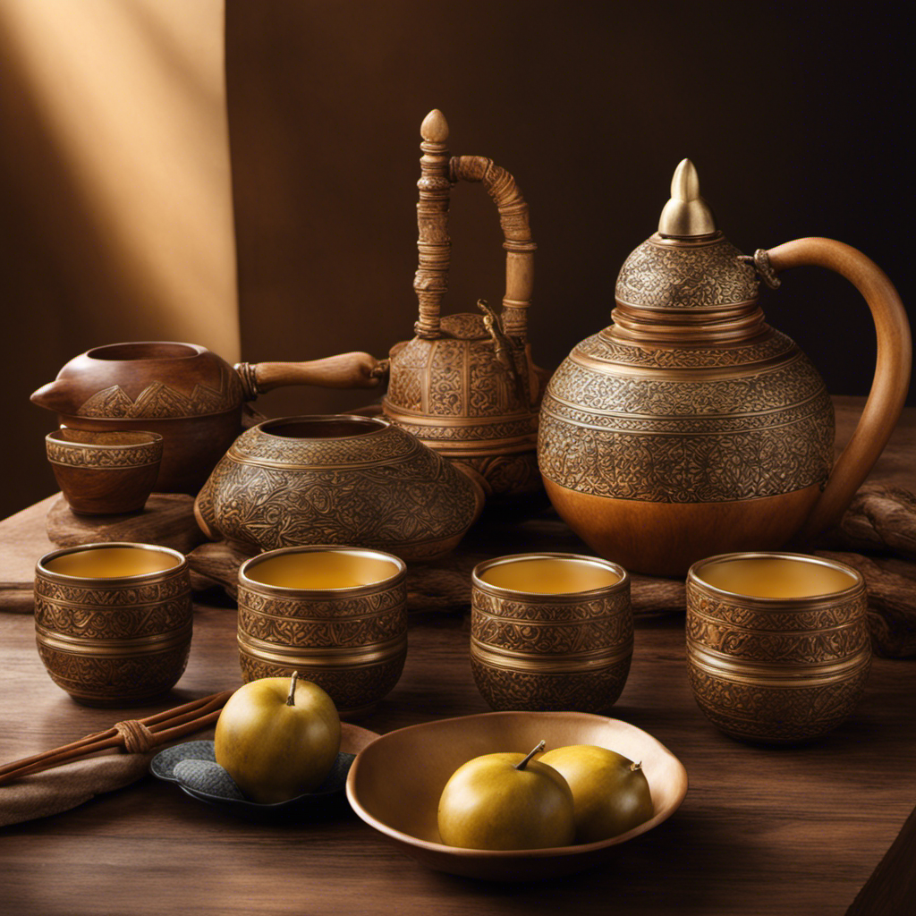 An image showcasing a serene scene with a wooden table, adorned with a perfectly brewed yerba mate gourd and a selection of empty cups, inviting readers to ponder the ideal number of cups to savor daily